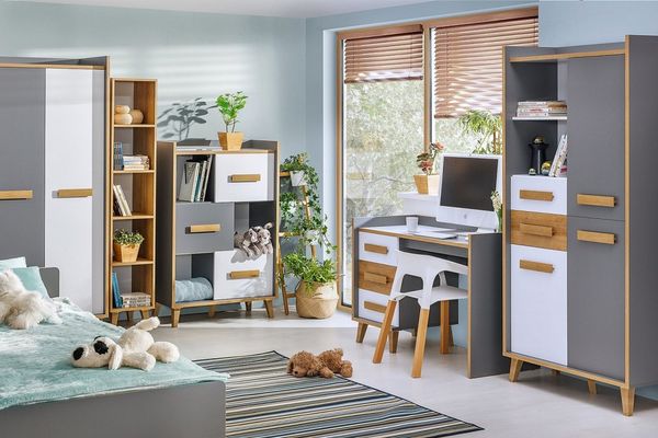 Deine Möbel 24 Jugendzimmer-Set WILLY 1 (4+1+5+3+8+10) Kinderzimmer-Set, (Set, 6-tlg, Riviera-Eiche, Weiß und Anthrazit), Möbel-Set für Kinder Jugendliche