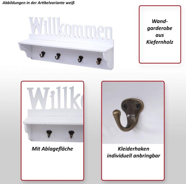 Wandgarderobe HWC-D41 Willkommen, Garderobe Regal, 4 Haken massiv 30x60x13cm ~ weiß Bild 2