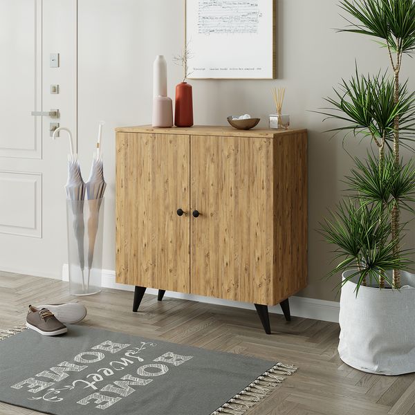 Roomart Mehrzweckschrank mit Türen & Regalböden – Aufbewahrungs- & Schuhschrank aus Eiche für Flur, Wohnzimmer & Schlafzimmer – 125 × 90 × 35 cm • Eiche