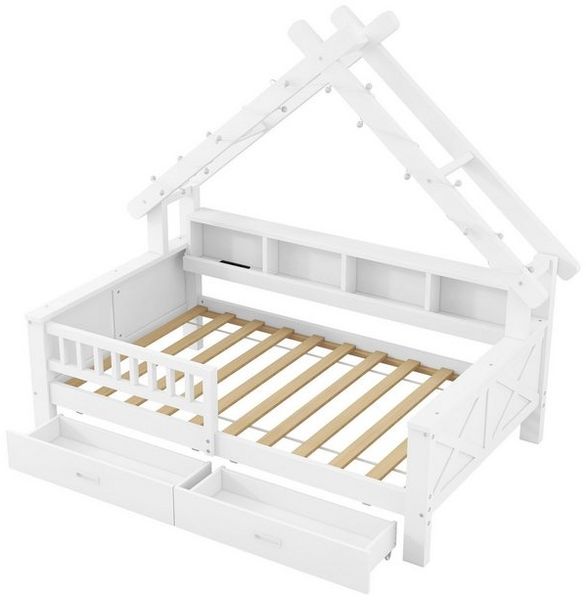 MODFU Kinderbett für Kinderzimmer & Schlafzimmer (Kinder-Hausbett mit LED-Licht & Stauraum – stabiles Plattformbett mit Schutzgitter, Schubladen und Regalen, 1-tlg, 205 x 97 x 179) Bild 4