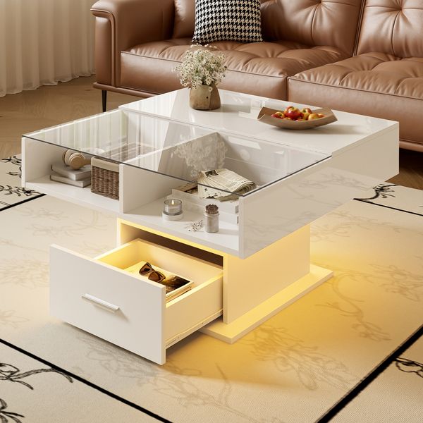Couchtisch höhenverstellbar H 45,5/59,5 x T 78 x B 78 cm, Weiß, Hochglanz/Matt, LED & Stauraum
