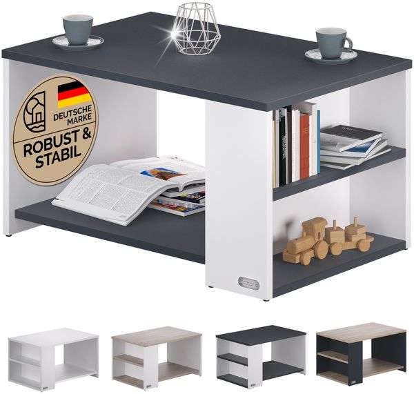 CASARIA® Couchtisch Holz Weiß Schwarz mit Stauraum 2 Fächer 90x60x50cm Wohnzimmertisch