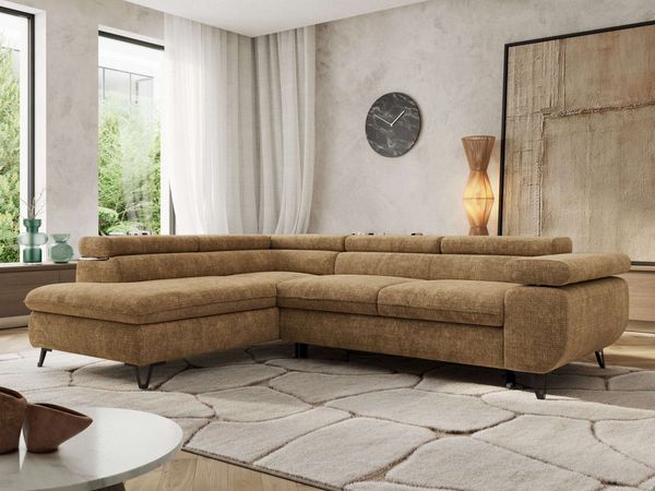 MKS Möbel 'Pablo L-Form' Ecksofa mit Schlaffunktion, verstellbare Kopfstützen, Hellbraun, Schenille grob, T25 Topper, Links