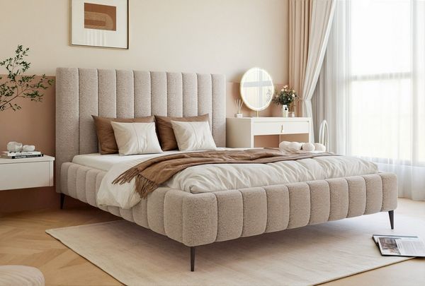 Goldstoff Polsterbett Luxuriöses Bett "MAGNUS" mit hohem Kopfteil und praktischem Stauraum (120–200x200 cm, Kopfteilhöhe: 90/110 cm, Seitenhöhe: 25/40 cm), Luxuriöses Schlafzimmerbett mit hohem Kopfteil und Stauraumfach
