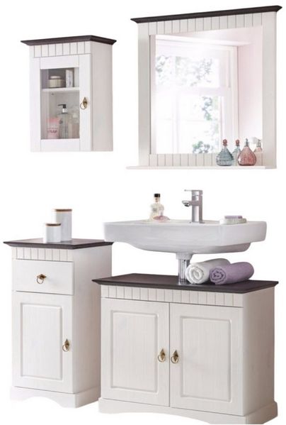 Clever-Moebel Badmöbel-Set Badmöbel Set aus Kiefernholz im Landhausstil weiß braun