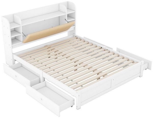 BlingBin Stauraumbett Flachbett Funktionsbett Jugendbett, mehrere Staufächer (Holzbett, 1-tlg, 180x200cm), Teilweise aufklappbares Kopfteil, vier Schubladen, weiß