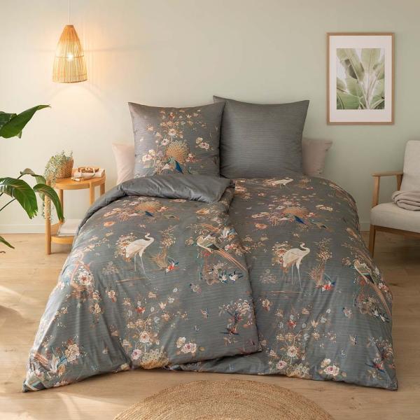 Estella Mako Jersey Bettwäsche 155x220 Kim grau Pfau Vögel Rosen Wende 6355-810