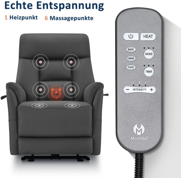 M MCombo Relaxsessel Elektrisch Verstellbar, Fernsehsessel 3 cm Wandnah, Relaxsessel Massagesessel mit Liegefunktion, TV Sessel für Enge Räume, 7063(Dunkelgrau) Bild 6