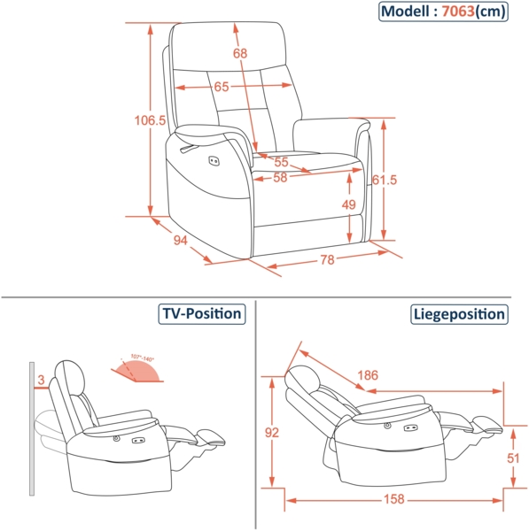 M MCombo Relaxsessel Elektrisch Verstellbar, Fernsehsessel 3 cm Wandnah, Relaxsessel Massagesessel mit Liegefunktion, TV Sessel für Enge Räume, 7063(Dunkelgrau) Bild 3