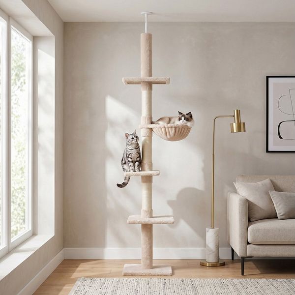 PawHut Kratzbaum Deckenhoch höhenverstellbar, Katzenbaum mit Sisalsäulen, für Garten, Balkon, Beige