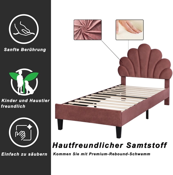 Polsterbett 90x200 cm Samt Stoffbett mit Kopfteil, stabiles Massivholz & Metallgestell, einfach zu montieren Bild 5