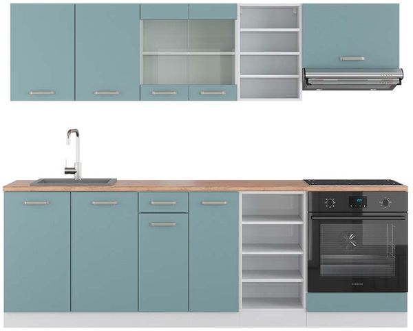 Küchenzeile R-Line Blau-Grau/Weiß 240 cm , AP Eiche Vicco