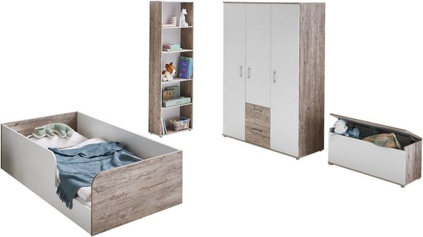 OTTO home Jugendzimmer-Set Kinderzimmer-Set »Rieke« 4-teilig, (Spar-Set, 4-tlg, Bodenbett, Kleiderschrank 3 Türen, Standregal, Truhe), Farblich abgestimmte Möbelserie