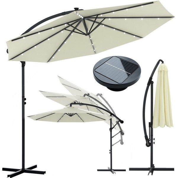 Huracan Sonnenschirm LED Solar Ø 250/300/350cm Ampelschirm mit Kurbel, Ständer, Gartenschirm Balkonschirm UV-Schutz Aluminium wasserdicht 360°neigbar