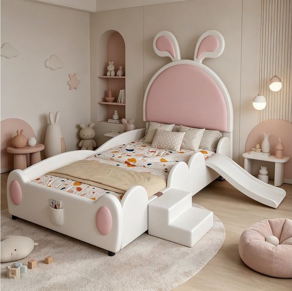 REDOM Kinderbett Polsterbett Bett (mit Kinderrutsche & Treppe, mit Aufbewahrungstasche, Kinder-Einzelbett mit rosa Hasenohren 90x200 cm), Ohne Matratze