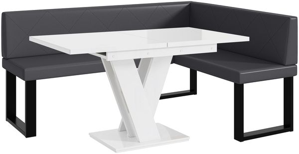 MEBLINI Eckbank für Esszimmer mit ausziehbarem Tisch - Küchenbank - Essecke - Sitzecke Küche - ERIC - U-Beine 128x168x87cm Rechts - Grau Kunstleder/M Weiß Hochgl.