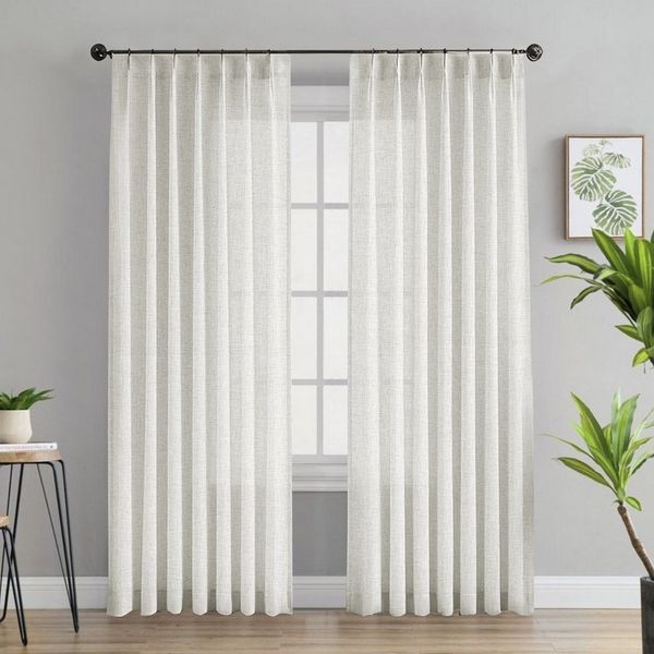 Jibenhome Gardine Leinenoptik Voile Vorhänge Modern Fensterschal für Wohnzimmer, 2 Stück, Gardine Halbtransparente Kräuselband mit Quetschfalten