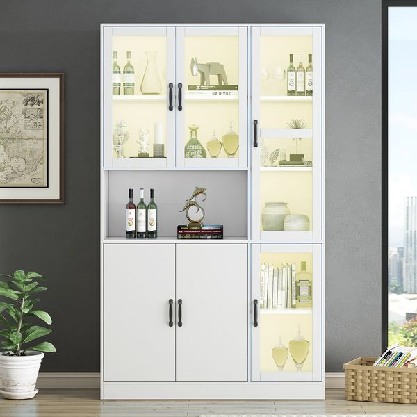 Bücherregal-Vitrine, mit LED-Licht, 4 Acryl- & 2 Holztüren, 9 Fächer, 120x40x200 cm, Weiß