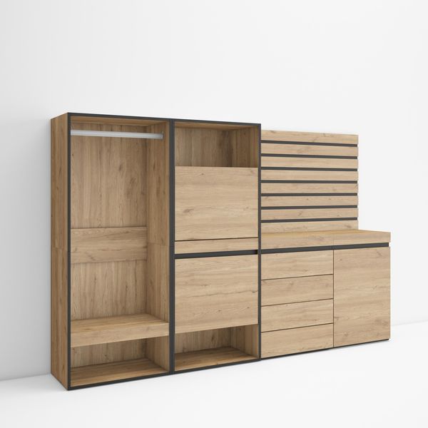 Skraut Home | Schuhregal, Schuhschrank | Schuhaufbewahrung | 227 x 145 x 35 cm | Für Schlafzimmer, Zimmer | Offener Kleiderschrank | Kommode mit Schubladen | Lamellenwand Holz | Moderner Stil | Eiche
