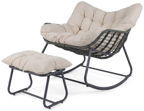 KOMFOTTEU Schaukelstuhl (2 St), Relaxsessel mit Hocker aus Rattan bis 150 kg belastbar