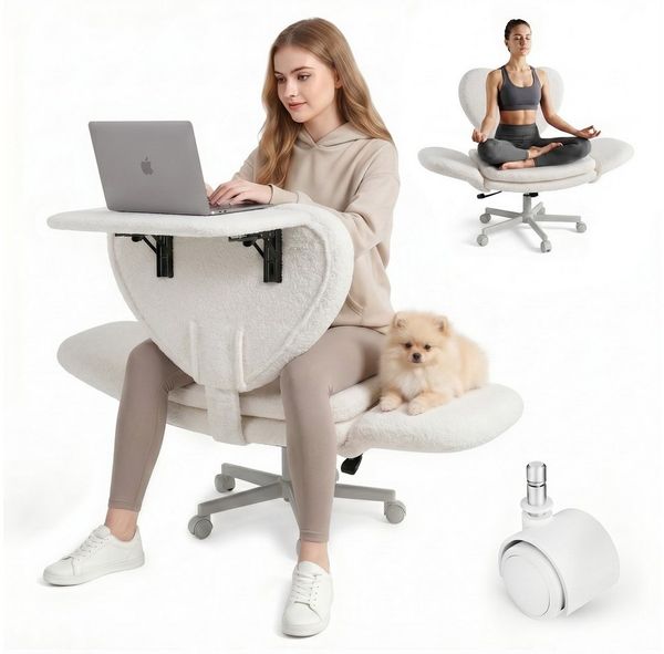 Patbrela Bürostuhl drehbar, mit klappbarer Tischplatte für Laptop und Rollen, 360° drehbarer Chefsessel mit Armlehnen, bis 180 kg