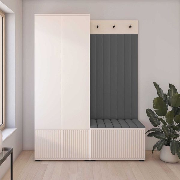 Garderoben-Set Ritmo version 1 – gefräste Kleiderschrank mit Polsterplatten, Schuhschrank, für Flur und Eingangsbereich (cashmere, Trinity 15), 185 x 40 x 140 cm