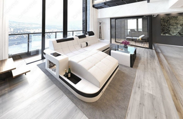 Sofa Dreams Ecksofa Wave L Form Ledersofa LED, 4-Sitzer, Kunstleder Premium, Weiß-Schwarz, Ottomane links mit Bett Bild 5