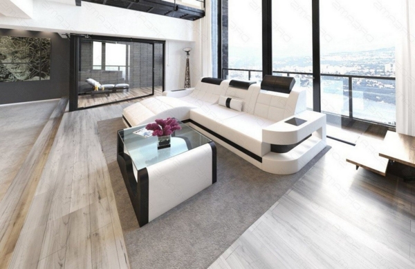 Sofa Dreams Ecksofa Wave L Form Ledersofa LED, 4-Sitzer, Kunstleder Premium, Weiß-Schwarz, Ottomane links mit Bett Bild 3