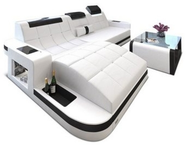 Sofa Dreams Ecksofa Wave L Form Ledersofa LED, 4-Sitzer, Kunstleder Premium, Weiß-Schwarz, Ottomane links mit Bett Bild 4