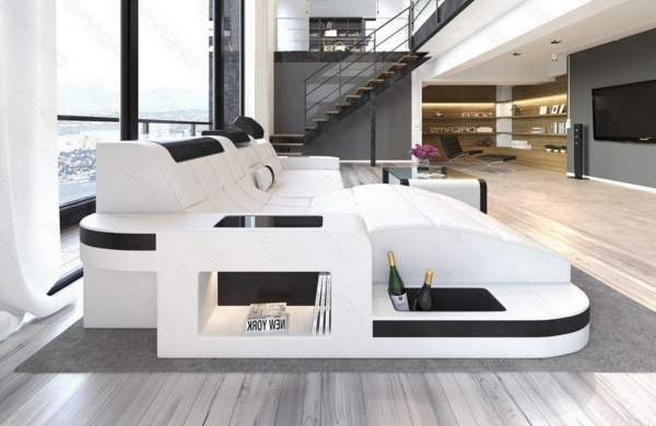 Sofa Dreams Ecksofa Wave L Form Ledersofa LED, 4-Sitzer, Kunstleder Premium, Weiß-Schwarz, Ottomane links mit Bett Bild 2