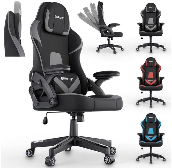 Onbest Gaming-Stuhl ergonomisch mit Lordosenkissen bis 150kg, 360°, verstellbare Armlehnen Kopfstütze Rückenlehne Bild 2