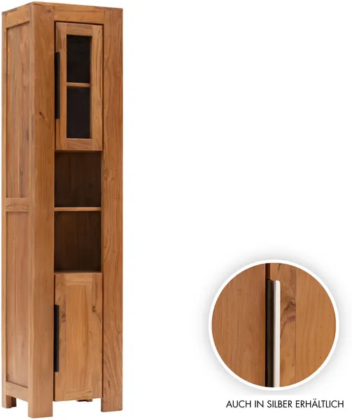 Hochschrank Badschrank Osbon massivum Akazie Massivholz braun 45 x 185 x 35 cm Stauraumschrank schmaler Holzschrank Wandschrank 2 Türen offen
