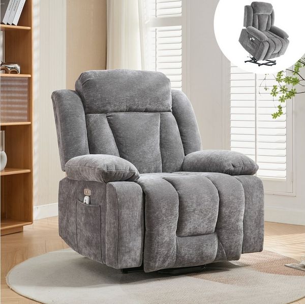 Merax Massagesessel mit 8-Punkt-Massagefunktion, Fernsehsessel mit USB-Anschluss (Chenille-Stoff, 1-St), Relaxsessel mit Heizfunktion & Hebefunktion, Staufach & Seitentaschen