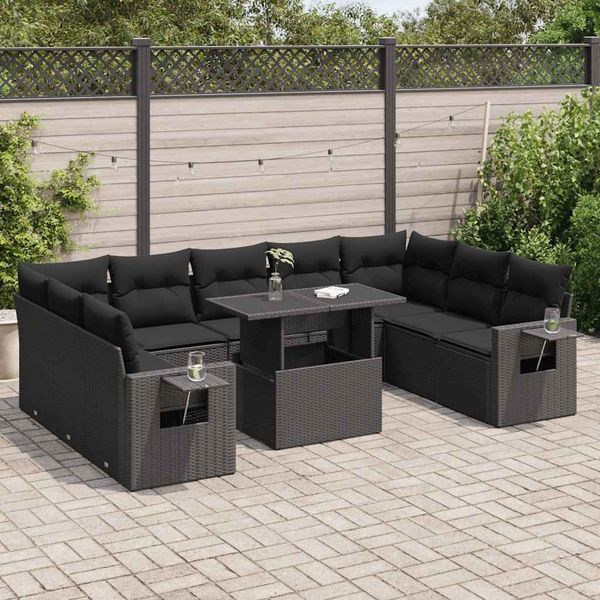 vidaXL 10-tlg. Garten-Sofagarnitur mit Kissen Schwarz Poly Rattan 3326536