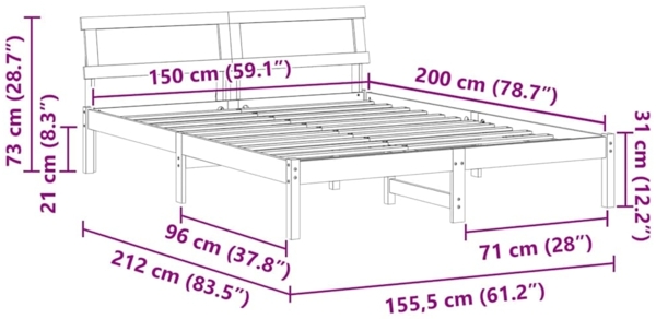 vidaXL Bettrahmen Wachsbraun 150 x 200 cm Massives Kiefernholz 872817 Bild 10
