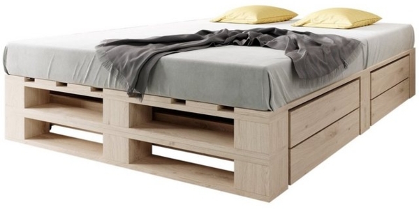 sunnypillow Palettenbett M2 aus Holz 180x200 cm mit Lattenrost und 2 Bettkästen. Doppelbett, Familienbett - erhöhtes Ehebett Bettgestell Futonbett Komforthöhe Naturholz Massivholzbett Bild 4