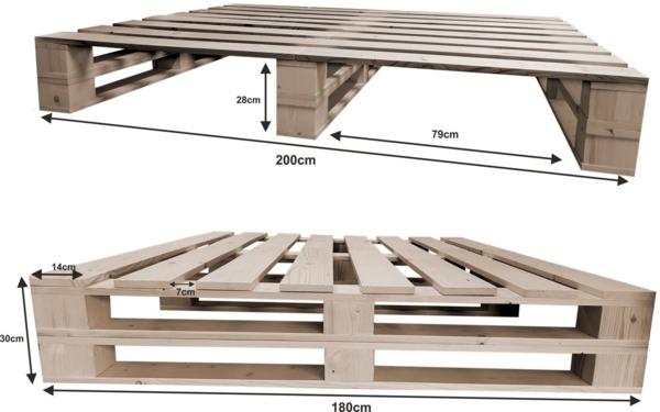 sunnypillow Palettenbett M2 aus Holz 180x200 cm mit Lattenrost und 2 Bettkästen. Doppelbett, Familienbett - erhöhtes Ehebett Bettgestell Futonbett Komforthöhe Naturholz Massivholzbett Bild 3