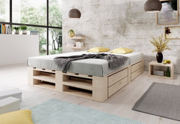 sunnypillow Palettenbett M2 aus Holz 180x200 cm mit Lattenrost und 2 Bettkästen. Doppelbett, Familienbett - erhöhtes Ehebett Bettgestell Futonbett Komforthöhe Naturholz Massivholzbett Bild 2