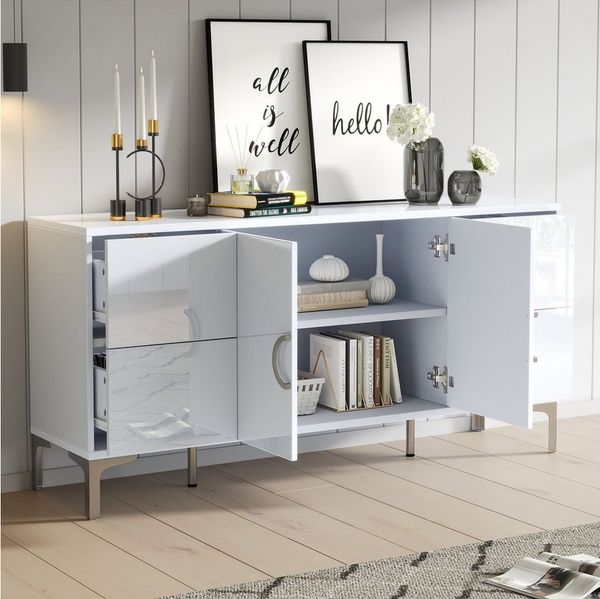 MODFU Sideboard in Hochglanz Weiß mit 4 grifflosen Schubladen (Packung, 1 St, Vielseitig als Esszimmerschrank oder schlichte Kommode nutzbar), 150x59,5x38 cm, stabil auf schlanken Metallstützfüßen