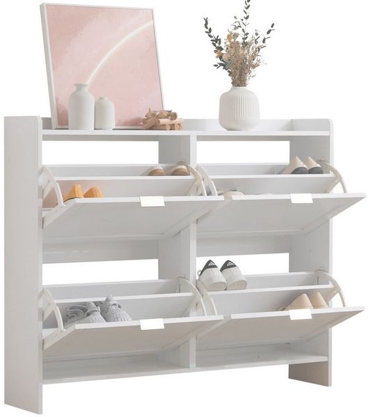 Refined Living Schuhschrank mit 4 Klappenfächern, freistehendem Schuhregal, Flurschrank modern (Maße: B110/H90/T24 cm, mit offenen Ablageflächen, Schuhregal mit Klappen, Platzsparend, 1-St, Hochwertige Materialien und langlebige Verarbeitung, Vielseiti...