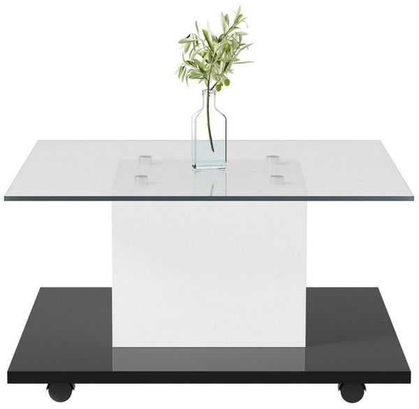 Odikalo Couchtisch Kaffeetisch Hochglanzglas beweglicher Couchtisch Schwenkrädern