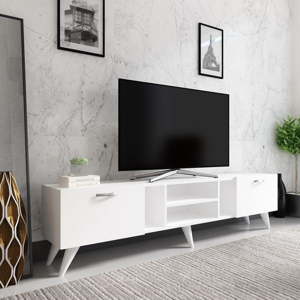 Hanah Home Stylish White TV Stand, 180 x 41.6 x 29.6 cm | 100% Melamine Coated Particle Board | Ample Storage & Shelves for Modern Living Rooms
