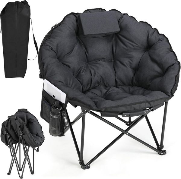 TLGREEN Campingstuhl Moonchair Luxus Klappbarer Campingstuhl (150KG Belastbar,Dicker Polster,Rutschfest,Mit Seitentasche & Kopfkissen), Outdoor Stuhl für Garten, Angeln, Camping, Strand