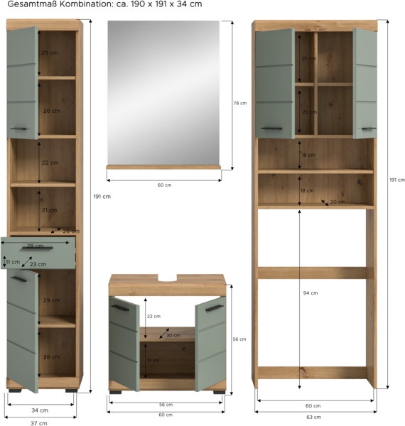 Xonox Scout Badkombination (B/H/T: 190x191x34 cm) in Salbei und Artisan Eiche Nachbildung Bild 4