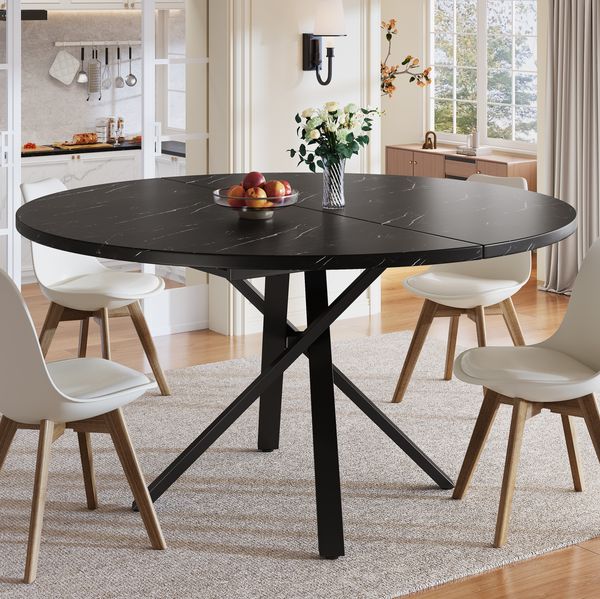 Ausziehtisch 100(140)x100x75,5 cm mit Marmoroptik und X-Metallgestell in Schwarz