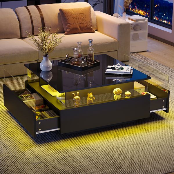 Couchtisch, Hochglanz, mit LED-Beleuchtung, 2 Schubladen & transparentem Display, 70x70x41 cm, Schwarz