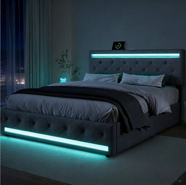Furnishings Home Polsterbett LED Doppelbett Stauraumbett mit Kopfteil und 4 Schubladen (Leinenmaterial Polsterbett mit RGB Beleuchtung), mit Lattenrost und Ladefunktion, mit Komforthöhe, Leises Design Bett