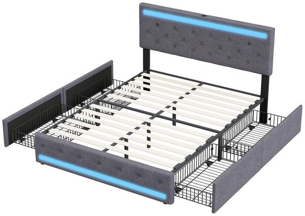 Furnishings Home Polsterbett LED Doppelbett 140x200 cm, Stauraumbett mit Kopfteil und 4 Schubladen (Leinenmaterial Polsterbett mit RGB Beleuchtung), mit Lattenrost und Ladefunktion, mit Komforthöhe, Leises Design Bett