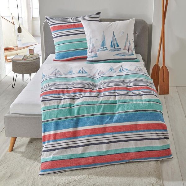 Traumschlaf Basic Seersucker Bettwäsche Segelschiff maritim|200x200 cm + 2x 80x80 cm