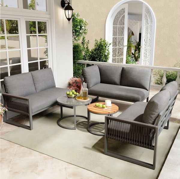Celya Gartenlounge-Set Gartenmöbel Set mit Esstisch, für Balkon Garten Terrasse, (verstellbare Beine, Möbelset für 6-7 Personen), Ecksofa mit verzinktem Eisengestell